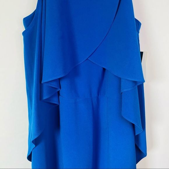 NWT HALSTON Royal Blue Beaded Collared Cold Shoulder Sleeve Draped Mini Dress - Picture 8 of 13